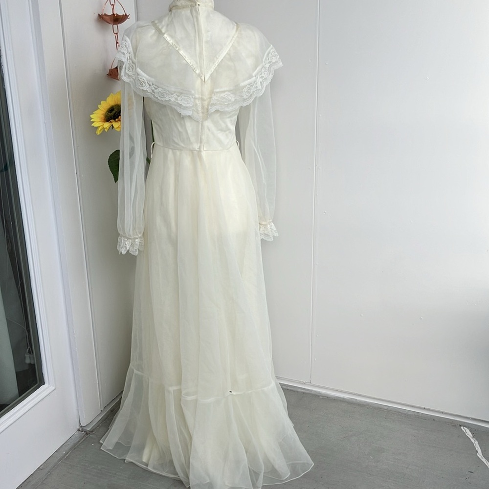 Vintage 70s Floor-Length Maxi Cream High Neck Ruffle Cream Prairie Wedding Dress - Picture 6 of 14